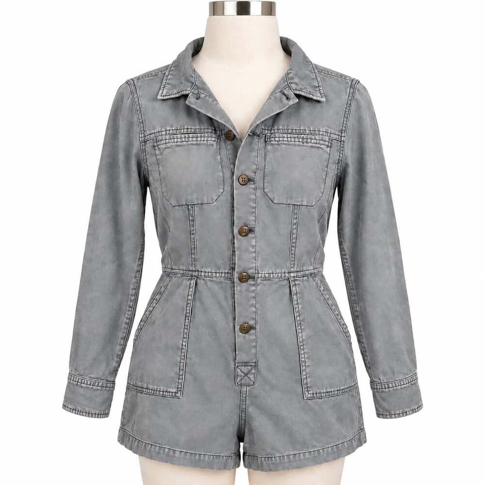 Free People Denim Romper Womens XS Gray Wash Long Sleeve Utility Jumpsuit